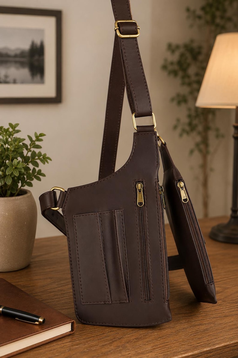 May include: A dark brown leather crossbody bag featuring an adjustable strap with brass-toned hardware, multiple exterior vertical zippered pockets, and integrated card slots on the front panel for organized storage.