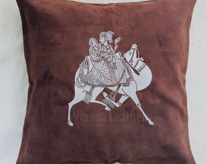 Leather cushion cover, Animal print, genuine leather, Cowhide Suede leather, Throw Pillow, 16”16 Cushion cover, Brown cushion , wedding gift