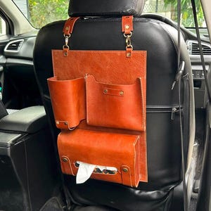 Full Grain Leather Car Seat Organizer, Tissue Box Holder, Backseat Travel Accessory