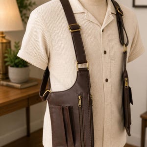 May include: A dark brown leather-like chest holster bag featuring multiple vertical zippered compartments and open pockets, worn over a cream-colored short-sleeved button-down shirt on a mannequin, with adjustable straps and brass-toned hardware.