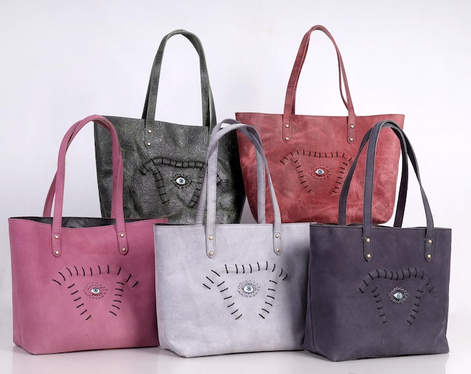 Halloween Suede Leather Tote Bag – Hocus Pocus Eye Design | 13x18" | 5 Colors | Handmade Spooky Witchy Bag | Leather Tote