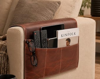 Full Grain Leather Bedside Caddy, Sofa Armrest Organizer, Remote Phone Glasses Holder