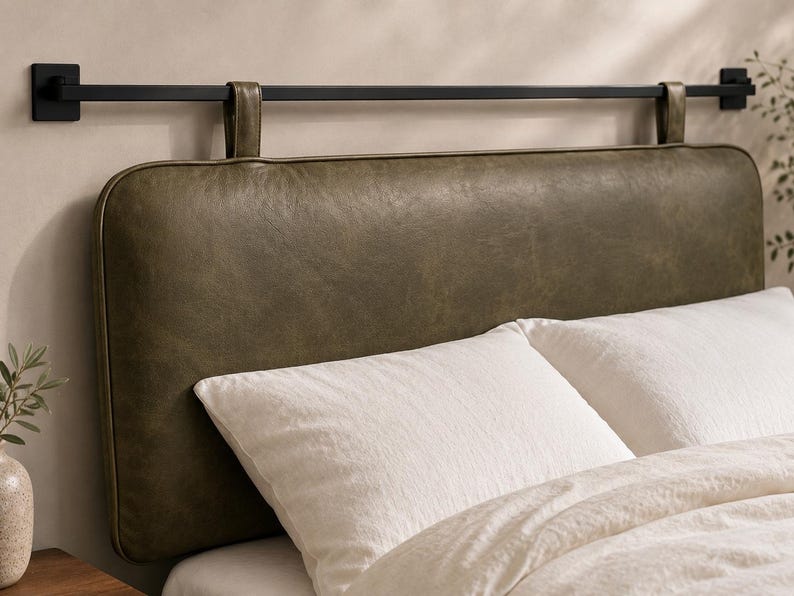 Genuine Leather Hanging Headboard | Luxury Leather Headboard | Upholstered Wall Mounted Headboard | Cognac Leather Bed Headboard