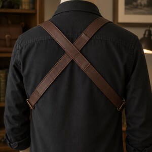 May include: A black long-sleeved shirt worn with a brown leather apron featuring thick, crisscrossed shoulder straps that attach at the sides with metallic hardware. The apron is positioned over the back of the shirt, creating an X-shaped design across the upper torso.