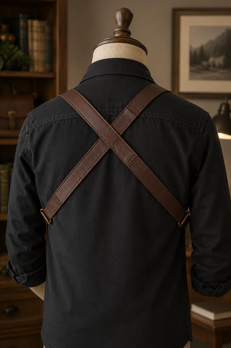 May include: A black long-sleeved shirt worn with a brown leather apron featuring thick, crisscrossed shoulder straps that attach at the sides with metallic hardware. The apron is positioned over the back of the shirt, creating an X-shaped design across the upper torso.