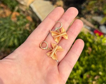 Pasta earrings, handmade clay bow tie noodle Huggies, 18k gold plated hypoallergenic