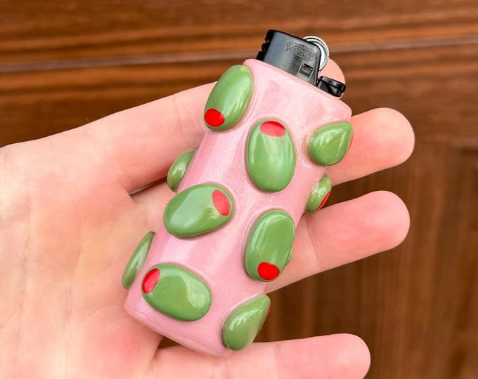 Olive pink lighter case, handmade clay lighter cases, cute martini olive art, green stuffed olive case, cool lighter smoking accessories