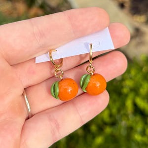 Orange Fruit Earrings, Polymer Clay fruit Charms, 18k gold plated stainless steel