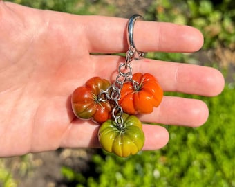 heirloom tomato keychain, handmade clay keychains, silver fruit bag charm, unique purse accessories, small gift for friend, cute food charms