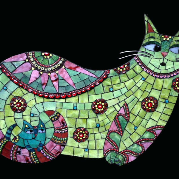 sweet whimsical stained glass mosaic art wall hanging original handmade cat kitten cute