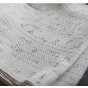 May include: A stack of white fabric with rows of handwritten text and lines. The fabric is folded over, revealing multiple layers. The text appears to be in black ink, and the fabric has a slightly wrinkled texture.