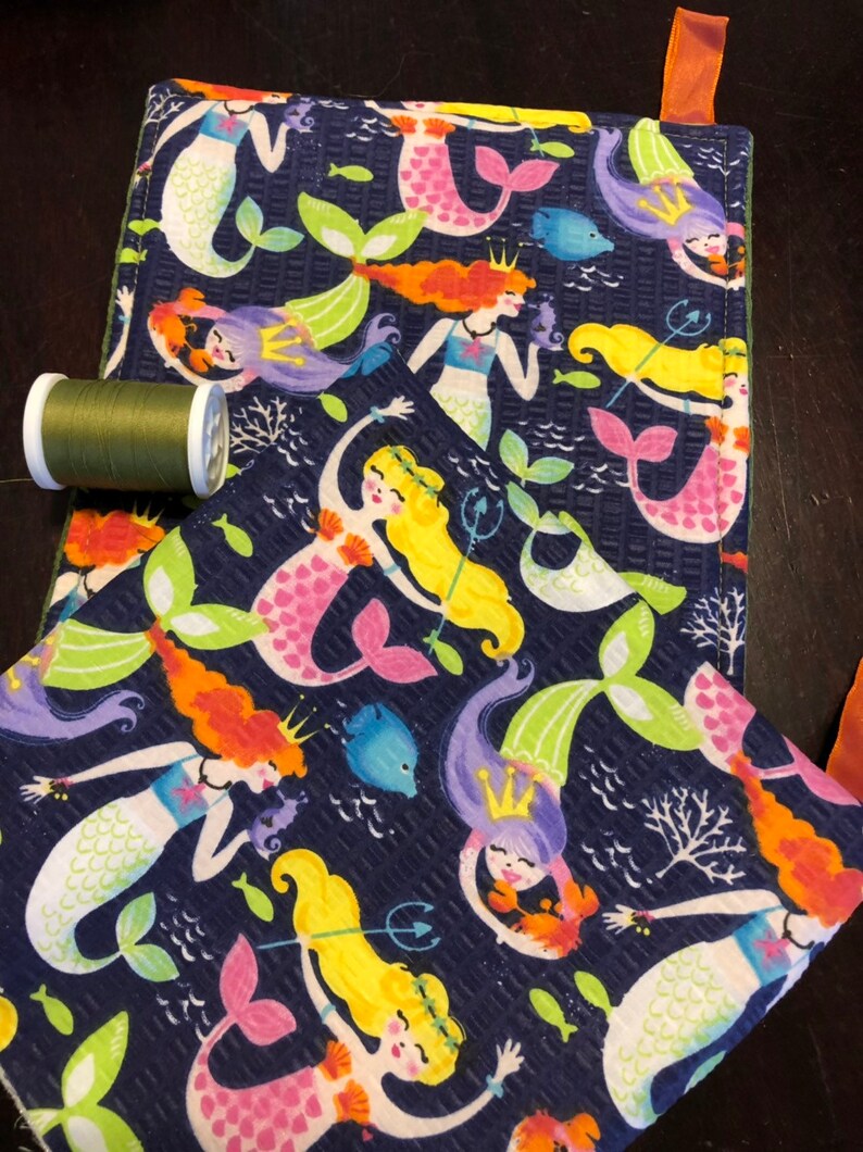 Mermaid Bliss and Underwater Creatures Handmade Potholders Unique Gift Upcycled fabric backings Set of 2