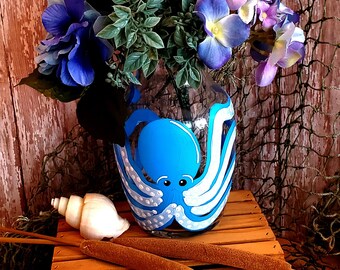 Cute Hand Painted Blue Octopus Vase, Table Centerpiece, Beach Décor, Housewarming Gift, Beach Wedding Décor, Nautical