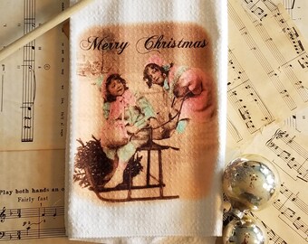 Mooie vintage Victoriaanse kerstschoteldoek, keukenhanddoek, gastvrouw cadeau, shabby chic kerstdecor