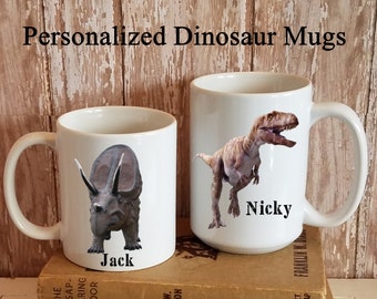 Gepersonaliseerde dinosaurus koffiemok, koffiekopje, T-Rex of Triceratops /Torosaurus, paleontoloog cadeau, Jurassic Park fan cadeau, kerstcadeau