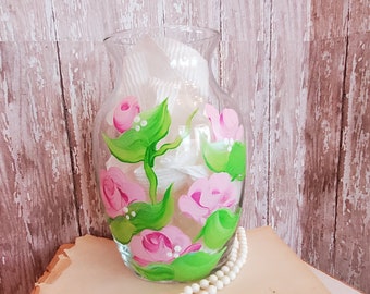 Hand Painted Pink Rose Glass Flower Vase, Romantic Wedding Centerpiece, Mother's Day or Birthday Gift for Her