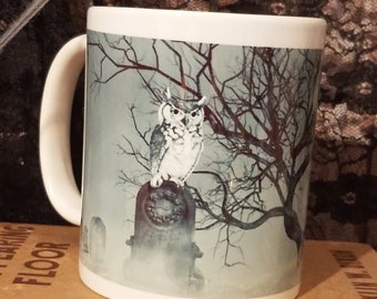 Gothic Cemetery Halloween Coffee Mug, Coffee Cup "Something Wicked This Way Comes"  with Spooky Graveyard, Owl, Raven and Bats