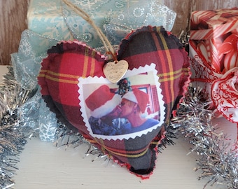 Heart Shaped Keepsake Memory Pillow Christmas Tree Ornament Handmade From Loved Ones Clothing w/ Photo, Bereavement Gift