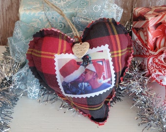 Heart Shaped Keepsake Memory Pillow Christmas Tree Ornament Handmade From Loved Ones Clothing w/ Photo, Bereavement Gift