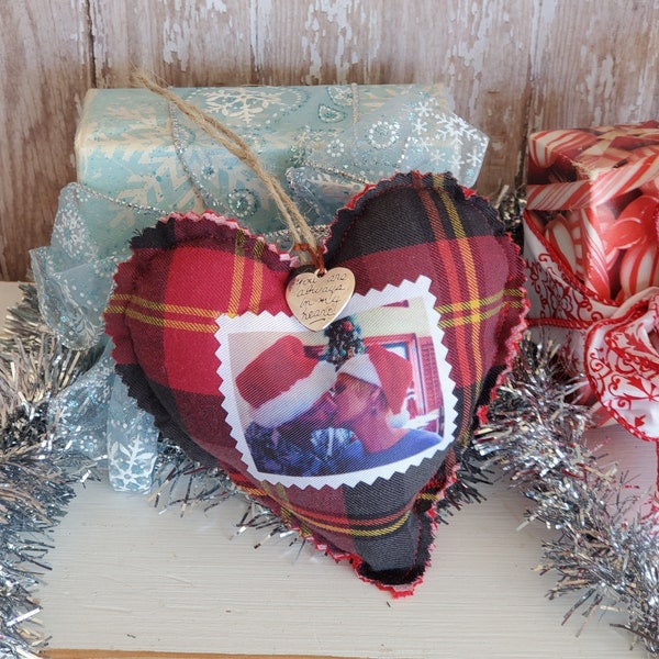 Heart Shaped Keepsake Memory Pillow Christmas Tree Ornament Handmade From Loved Ones Clothing w/ Photo, Bereavement Gift