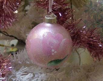 Shabby Chic Pink Rose Christmas Ornament, Hand Painted, Victorian Cottage Style Christmas Tree Decorations