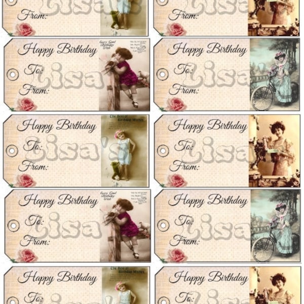 Printable Shabby Chic Birthday Gift Tags, Vintage Victorian Birthday Gift Tags, Digital Download, Shabby Gift Tags