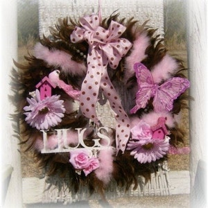 Whimsical Pink and Brown Feather Wreath, Summer Wreath, Ribbon and Accents, Girl&#39;s Room Decor