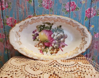 Vintage Oval Pickle Relish Dish with Fruit Motif Gold Gilt Rim | Cottagecore Serving Dish