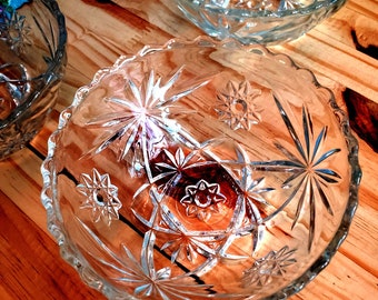 Set di 3 ciotole da dessert Vintage Anchor Hocking Early American Prescut Star of David, vetreria pressata, regalo di inaugurazione della casa
