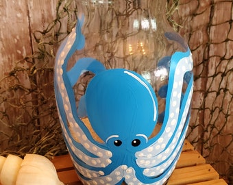 Hand Painted Blue Octopus Vase, Nautical Table Decor, Beach Housewarming Gift