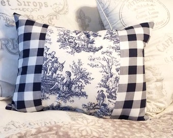 Handmade French Country Blue Toile Decorative Throw Pillow, Elegant French Pillow or Cushion, Parisian Home Decor