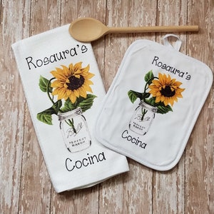 Personalized Country Sunflower in Mason Jar Kitchen Towel Dish Cloth and Pot Holder Gift Set, Mother's Day Gift, Birthday Housewarming Gift image 7