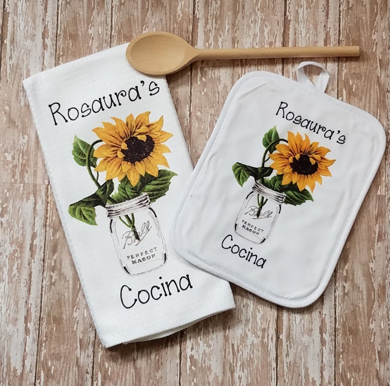 Personalized Country Sunflower in Mason Jar Kitchen Towel Dish Cloth and Pot Holder Gift Set, Mother's Day Gift, Birthday Housewarming Gift image 7