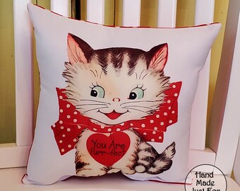 Vintage Kitsch Kitty Cat Valentine's Day Throw Pillow