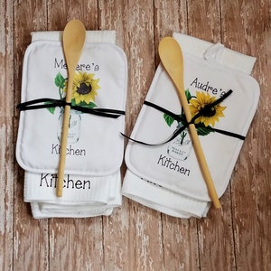 Personalized Country Sunflower in Mason Jar Kitchen Towel Dish Cloth and Pot Holder Gift Set, Mother's Day Gift, Birthday Housewarming Gift image 6