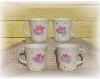 Shabby Chic Pink Rose Coffee Cups, handgeschilderde theekopjes, keukendecor