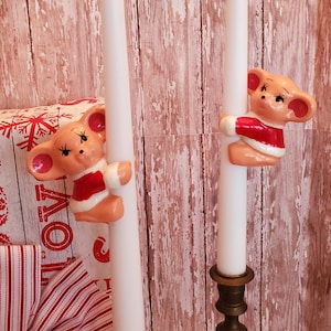Adorable Vintage Christmas Santa Bear Candle Climbers, Ceramic, Retro Style Holiday Decorations