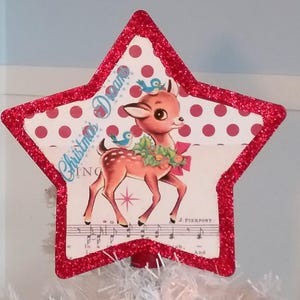 Handgemachte Retro Rentier Weihnachtsbaum Topper, Vintage Kitsch Weihnachtskarte Bild, Stern Topper, Vintage Stil Weihnachtsbaum Dekor