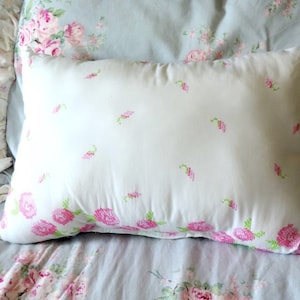 Handmade Embroidered Floral Pillow, Pink and White, Sweet Shabby Cottage Chic Style Bedroom Décor