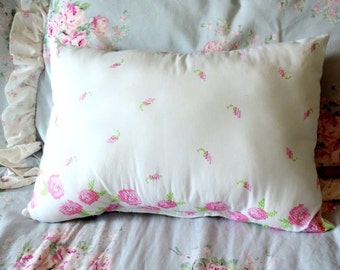 Handmade Embroidered Floral Pillow, Pink and White, Sweet Shabby Cottage Chic Style Bedroom Décor