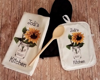 Personalized Country Sunflower in Mason Jar Kitchen Towel Dish Cloth and Pot Holder Gift Set, Mother's Day Gift, Birthday Housewarming Gift