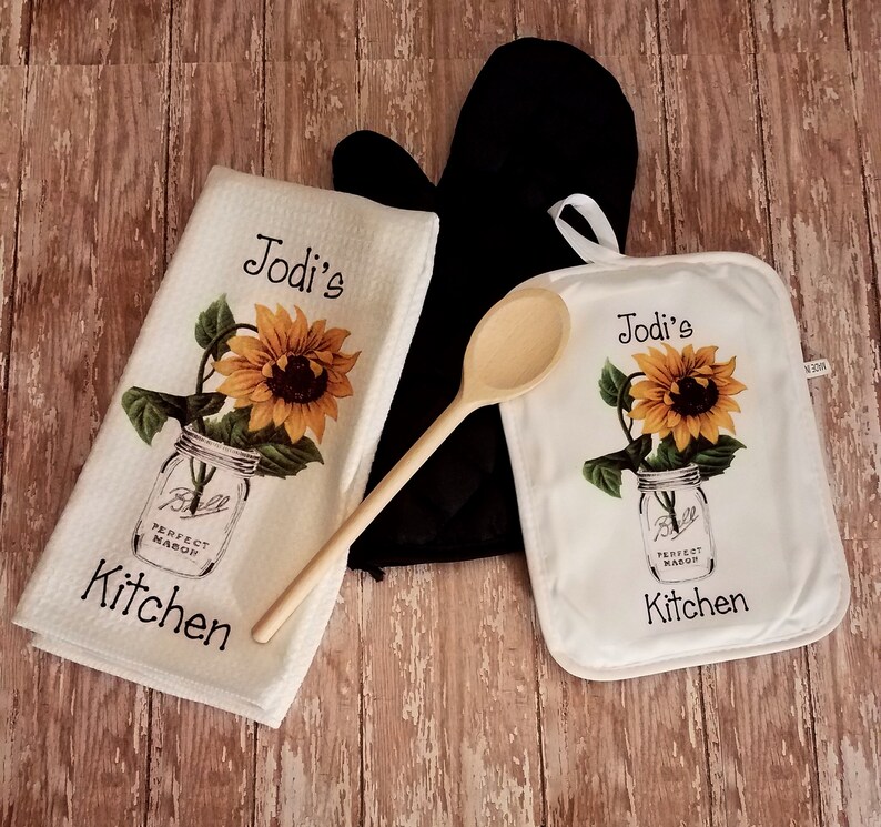 Personalized Country Sunflower in Mason Jar Kitchen Towel Dish Cloth and Pot Holder Gift Set, Mother's Day Gift, Birthday Housewarming Gift image 1
