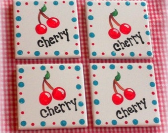 Hand Painted Cherries Ceramic Tile Coaster Set - Retro Cottage Kitchen Decor