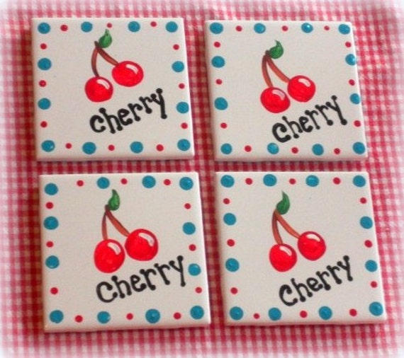 Hand Painted Cherries Ceramic Tile Coaster Set Retro Cottage Etsy