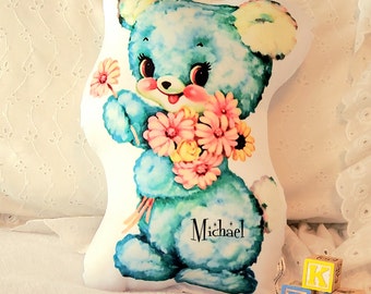 Handgemaakte gepersonaliseerde vintage kitsch blauwe baby teddybeer gooien kussen, Meyercord geïnspireerd, antropomorf, schattig babycadeau, kinderkamer decor