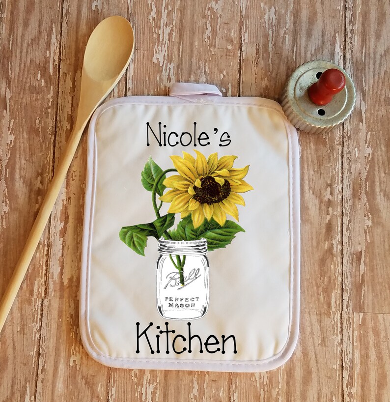 Personalized Country Sunflower in Mason Jar Kitchen Towel Dish Cloth and Pot Holder Gift Set, Mother's Day Gift, Birthday Housewarming Gift image 4