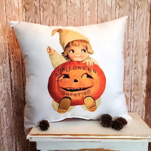 Vintage Kitsch Halloween Poduszka Wykonana Z Vintage Karty Okolicznościowej Obrazu Cukierek albo psikus z Dynią