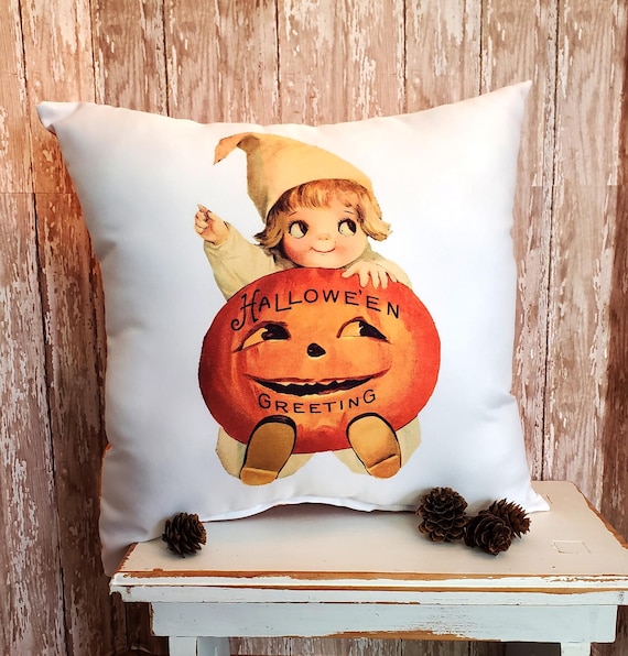 Vintage Kitsch Halloween Pillow Made From Vintage Greeting Card Image Of A Trick or Treater with Pumpkin