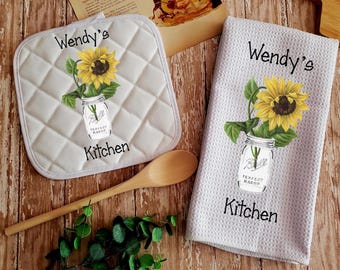 Personalized Country Sunflower Kitchen Towel and Pot Holder Gift Set