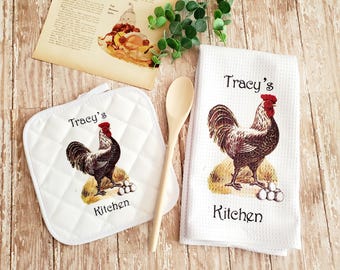 Personalized Country Rooster Kitchen Towel Dish Cloth and Pot Holder Gift Set, Farmhouse Country Kitchen Decor, Housewarming Gift